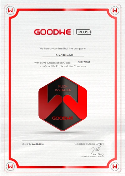 GoodWe PLUS+ Installer Company Zertifikat für Arin VB GmbH, ausgestellt von GoodWe Europe GmbH am 1. Januar 2026